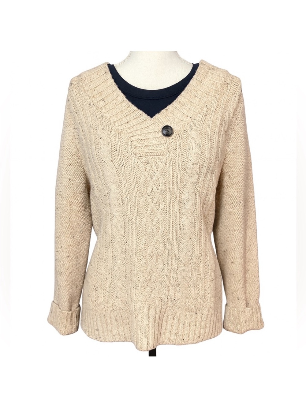 St. John's Bay Cream Cable-Knit V-Neck Sweater with Button Accent